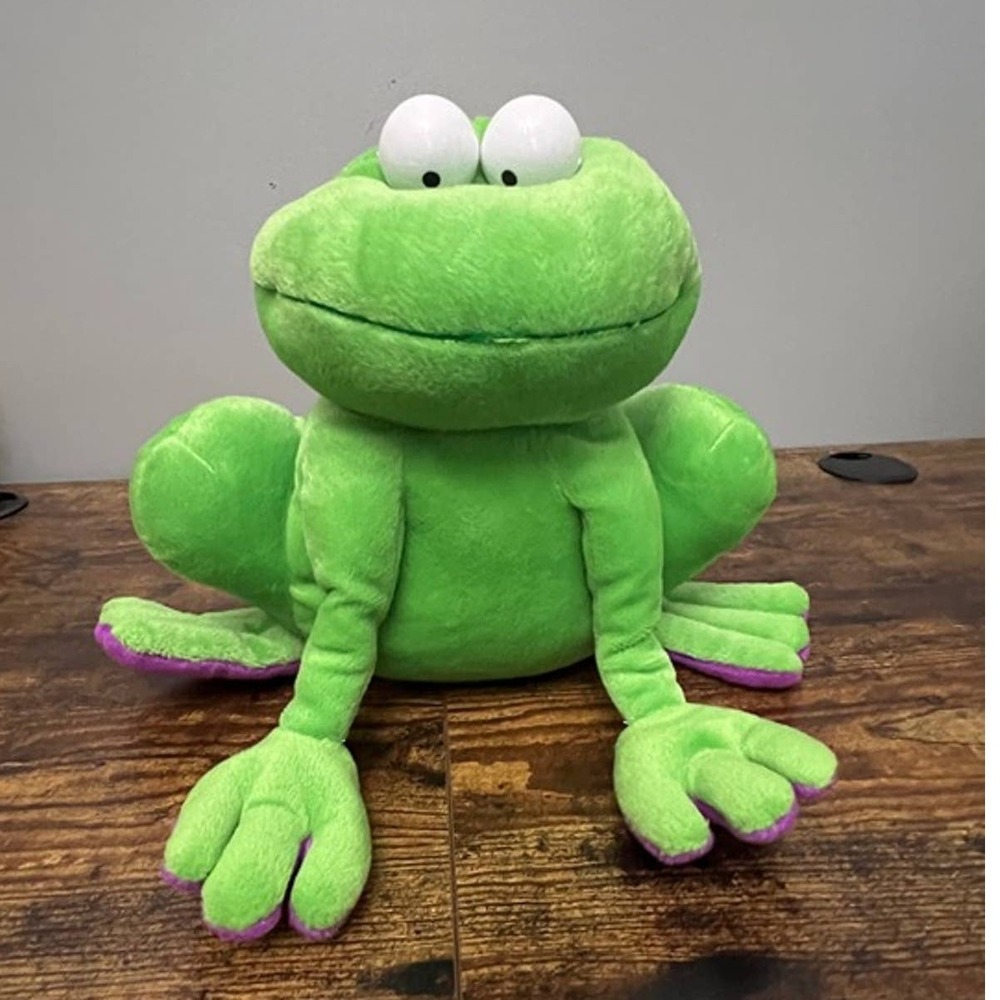 Beverly Hills Teddy Bear Co Green Sitting Frog Plush Purple Feet Wide Eyes 9in